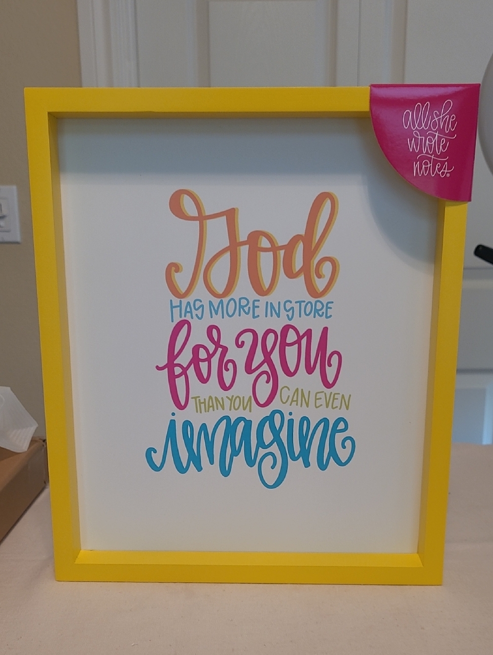 Yellow Framed Inspirational Wall Art - "God Has More In Store for You"